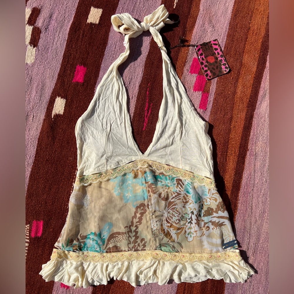 Elegant Cream and Blue Halter Top